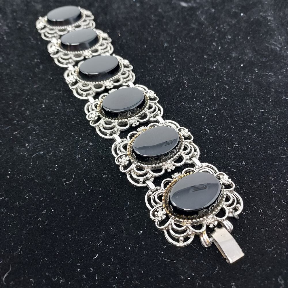 Vintage Emmons Panel Bracelet Filigree Black Glass Aged Silver Tone 7" Signed